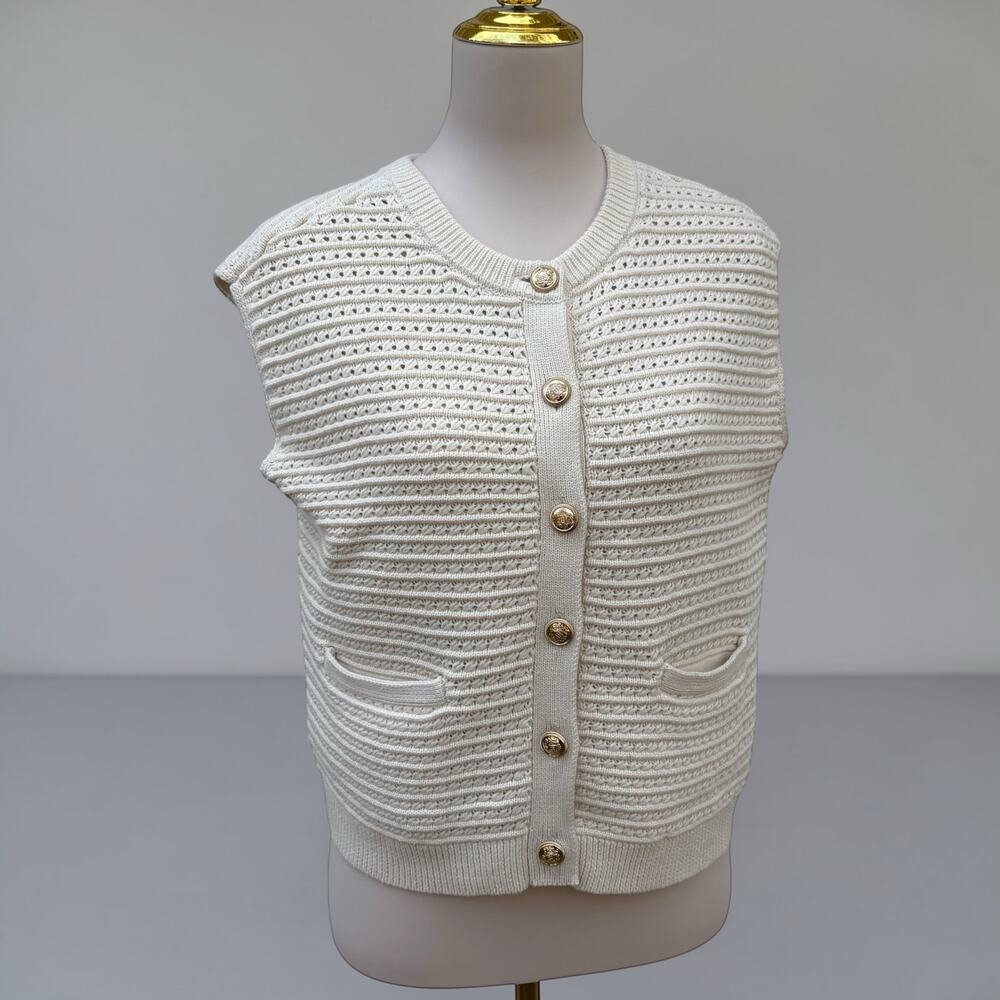 Magaschoni Cream Knit Sleeveless Cardigan with Gold Buttons